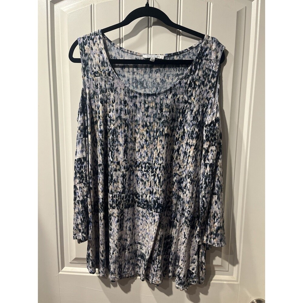 Rose+Olive Blue Artsy Boho Size 3XL Flowy PeekABoo Shoulder Coastal Tunic Blouse